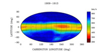 Solar wind velocity distribution in Carrington longitude and heliographic latitude. Computer assisted tomographic analysis was applied to derive this map from the IPS observations.