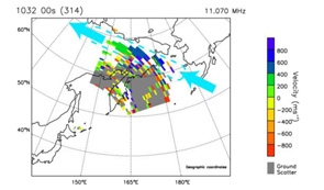 Intense westward ionospheric plasma flow above Far-East Russia observed by the HF radar. 